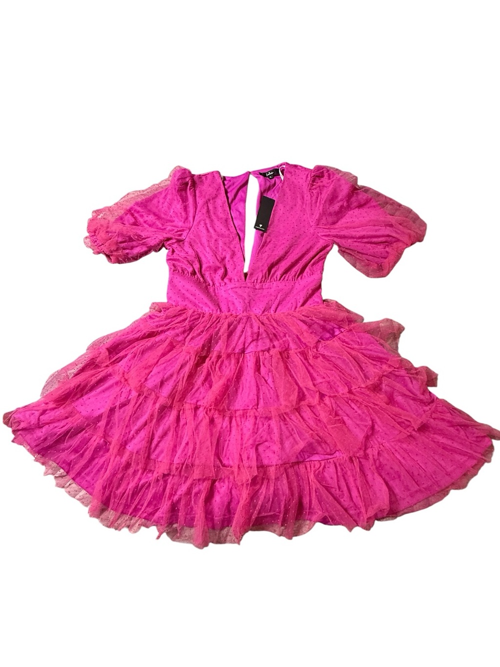 Lulus Dramatic Poise Hot Pink Dot Tulle Tiered Puff Sleeve Mini Dress M